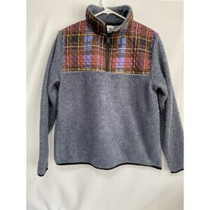 Vera Bradley Women Teddy Fleece Half-Zip Pullover Quilted Plaid Blue Sweater S/M